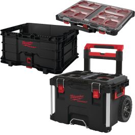 Milwaukee PACKOUT 3 Piece Set Slim Organiser + Crate +Wheeled Trolley ...